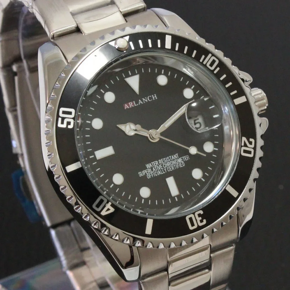 Men's Diver Style Watch Black Uni-directional Bezel Stainless Bracelet 40mm